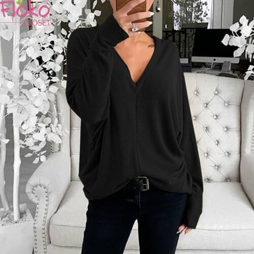 Flokocloset Casual Loose V-Neck Long Sleeve T-shirt Autumn Solid Color Women Fashion Y2k Tops Streetwear Tshirts
