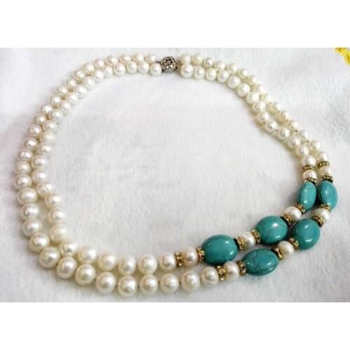 Women Classic Jewelry 2 rows necklace 8-9mm white pearl green stone mixed necklace real natural freshwater pearl rhinestone