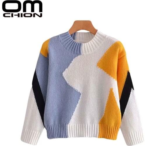 OMCHION Pull Femme 2021 Autumn Korean Womens New Multicolor Splicing Crew Neck Sweater Casual Loose Chic Knit Pullover Jumper