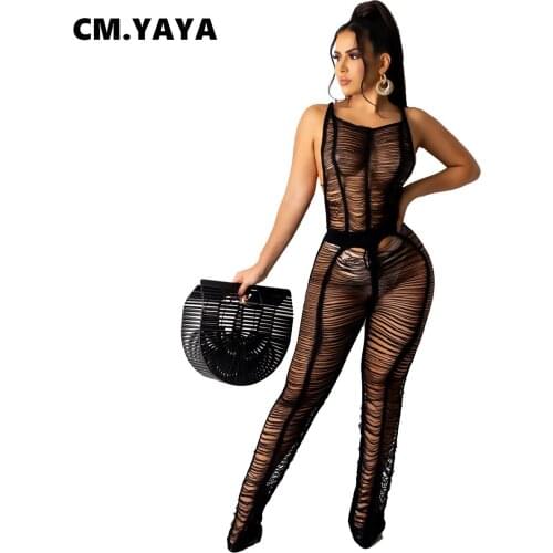 CM.YAYA Women Jumpsuit Knitted Hollow Out Sleeveless Bandage Jumpsuits Sexy One Piece Overalls Fashion Outfit Summer 2021