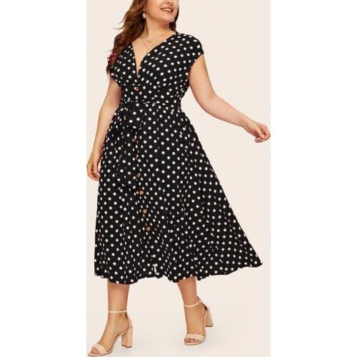 Summer Women Dress Plus Size Polka Dot Floral Print V Neck High Waist Sleeveless Belt Dress Vintage Female Vestidos 2021
