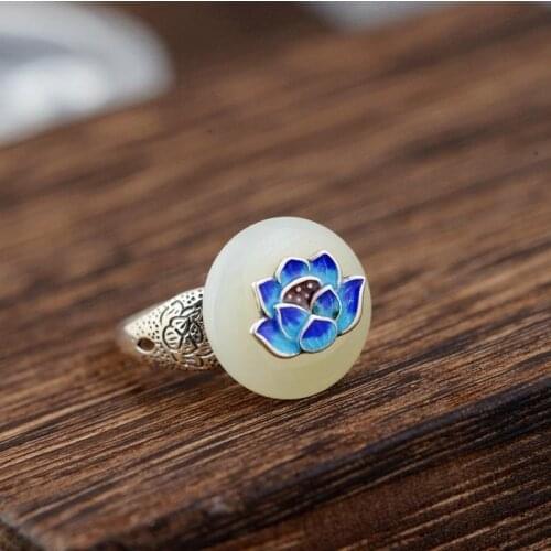 Sterling Silver S925 Silver Vintage Thai Silver Burnt Blue Ring Female Cloisonne Lotus Hetian Jade Ring Jade Lotus Ring