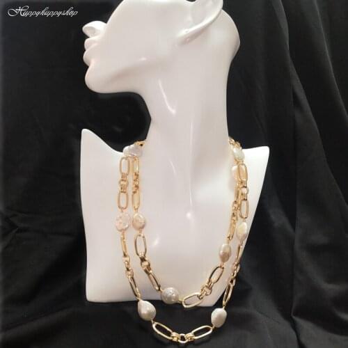 40.15in Irregular Freshwater Baroque Pearl Gold Color Rectangle Link Chain Necklace Circle Choker Women Coin Pearl Jewelry