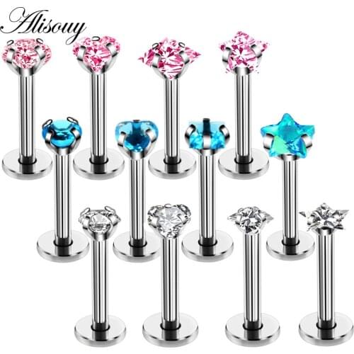 Alisouy wholesale 4 pcs Steel Labret Lip Ring Zircon Anodized Internally Threaded Prong Gem 16G Tragus Helix piercing