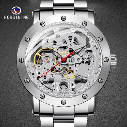 FORSINING Newest Watch Hand Wind Male Clock Fashion Mens Clocks Steel Belt Business Casual Men Wrist-watches