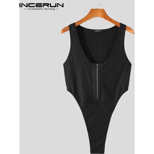 Men Bodysuit Pajamas Sleeveless Solid Color Zipper O Neck Sexy Rompers Underwear Fitness Men Bodysuits Nightwear S-5XL INCERUN