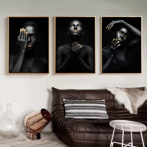 African Art Cuadros Black Gold Nude Woman Oil Painting on Canvas Wall Art Posters Prints Wall Pictures for Living Room Bedroom