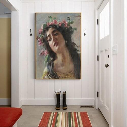 Citon Canvas Oil painting Konstantin Makovsky《Girl in a wreath of roses》Artwork Poster Picture Modern Wall Decor Home Decoration