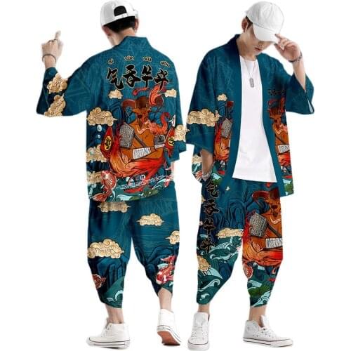 Kimono Man Japanese Clothes Yukata Male Samurai Costume Haori Obi Mens Kimono Cardigan Japanese Streetwear Jacket Pants DE36