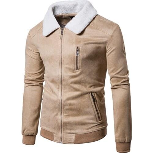 Mens Zip Up Jacket Suede Leather Spread Collar Coats Winter Warm Outwear High Quality Tops Male Clothes