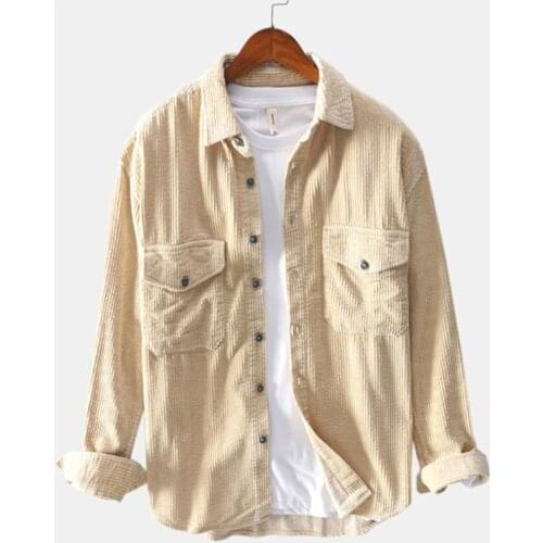 Men‘s Shirts Winter Long Sleeve Corduroy Turndown Collar Casual Top Blouse Button Pocket Shirts Plus Size Outwear Chemise Homme