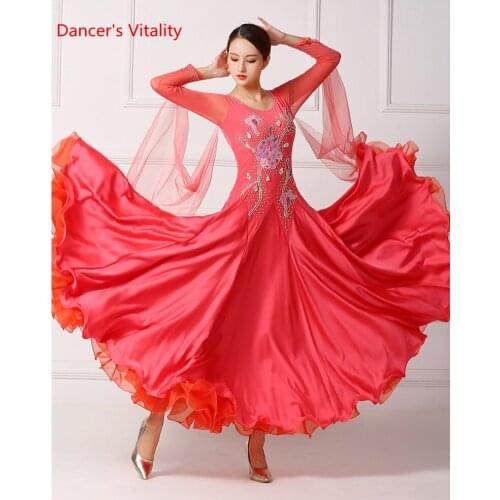 National Standard Dance Competition Outfits Women Embroidered Splicing Dress Ribbon Ballroom Waltz Modern Dancing Stage Wear