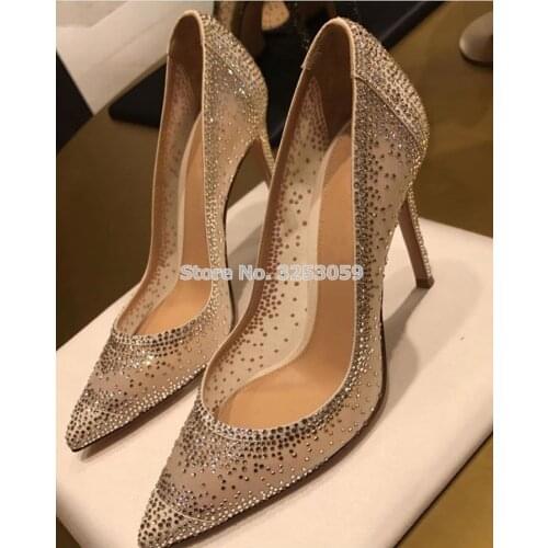 ALMUDENA New Arrival Bling Bling Crystal Wedding Shoes Mesh Rhinestone Patchwork Dress Pumps Champagne Black Glittering Heels