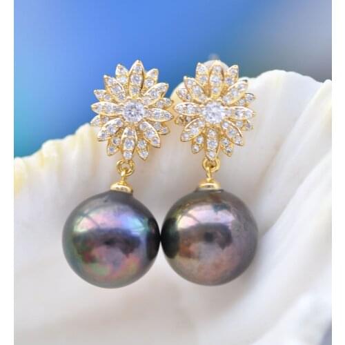 P7631 13.5mm Round Brown-Black Edison Pearl Dangle Earring