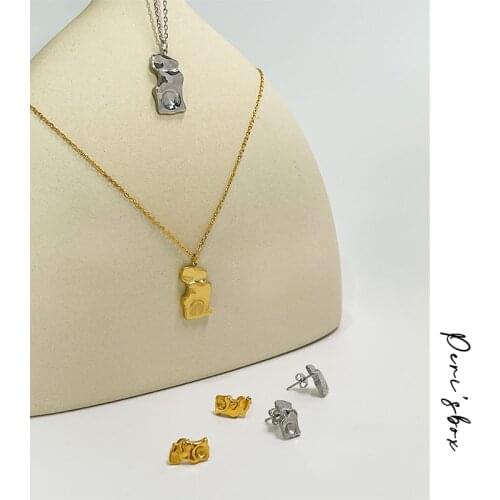 PerisBox Vintage Geometric Irregular Gold Silver Color Beaten Ear Studs Necklace Set For Women Trendy Simple Textured Ear Stud