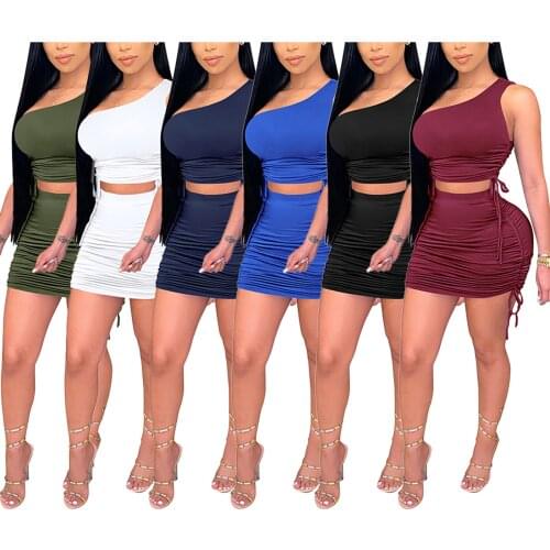 Sexy Womens Suit 2Pcs Summer Outfits Solid Color Single-Shoulder Drawstrings Crop T-shirt Ruffled Skirt for Girls 6 Colors
