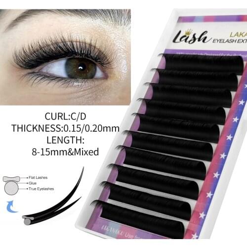 LAKANAKU Ellipse Flat Eyelash Extension Classic Matte Flat Lashes Natural Soft 0.15/0.20 Faux Split Tip Lash Extension Supplies