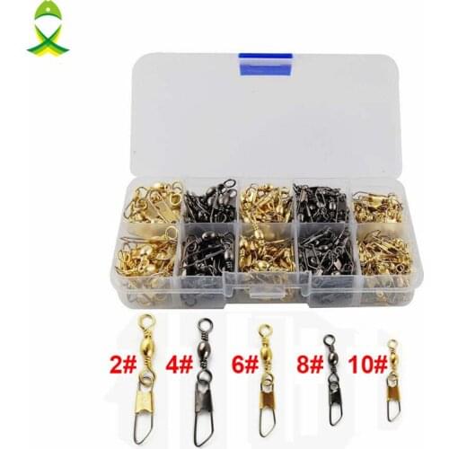 JSM 260pcs Barrel Fishing Swivel With Safety Snap Black Gold Sea Fishing Barrel Swivels Connector Set With Box