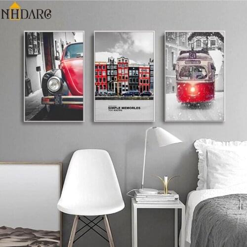 Modern Fashion Black White Red City Streetcar Vintage Car Canvas Print Painting Poster Art Wall Pictures Living Room Home Decor