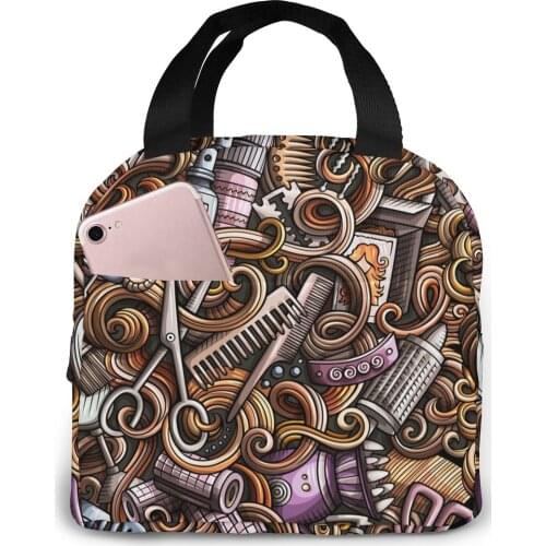 Cute Doodles Hair Salon Lunch Food Box Bag Fashion Insulated Thermal Food Picnic Lunch Bag for Women kids Men Cooler Tote Bag