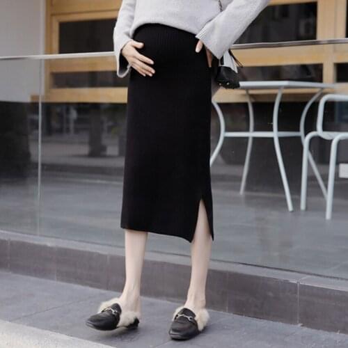 Pregnant womens autumn and winter knitted bag hip skirt high waist belly lift skirt long and thin one-step skirt during pregnan