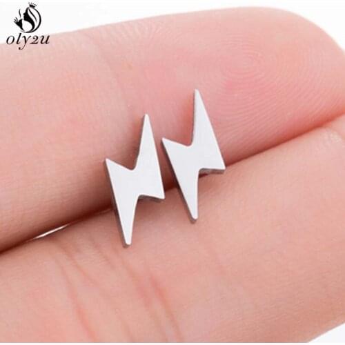 Oly2u Vintage Punk Lightning Bolt Earrings Pendientes Sliver Thunder Stainless Steel Stud Earrings for Women Men Trendy Jewelry