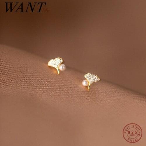 WANTME 925 Sterling Silver Sweet Lovely Ginkgo Leaf Pearl Small Stud Earrings Fashion Korean Pavé CZ Zircon Women Jewelry Gift
