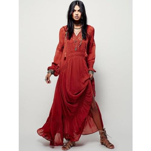 Plus size UK 2020 Summer Autumn Ladies Long sleeve Linen dress Ethnic Embroidery Hippie Boho People Maxi Robe Long dress Vestido