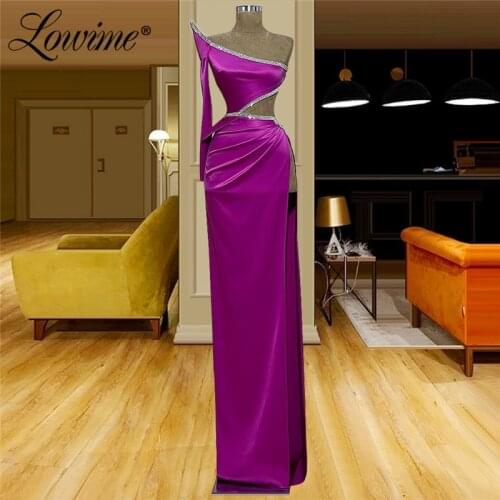 Lowime Purple Simple One Shoulder Mermaid Evening Dress Long Satin Crystals Prom Dresses Arabic Dubai Plus Size Party Gowns Robe