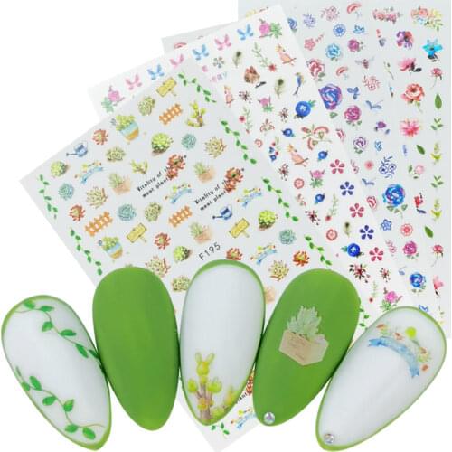 1 Sheet Ultra thin Gummed 3D Nail Art Sticker Flowers Succulent Butterfly Designs Nail Slider Manicure Decals Decoration