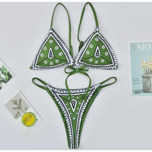 2020 Summer Women Sexy Halter Sportwear Beach Wear Two Pieces Thong Bikinis Set Female Printed Swimwear Swimsuit