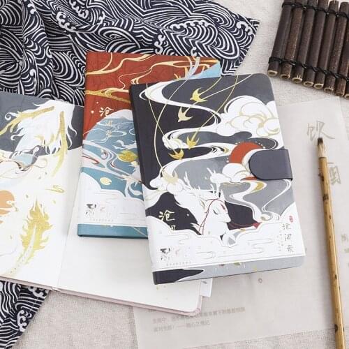 2021 Chinese Wind Notebook A5 Hot Foil Notepad Magnetic Button Illustration Color Page Notepad Students Small Fresh Hand Book