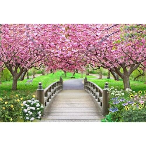 Custom 3d murals,Beautiful cherry trees small bridge scenery wall paper mural 3d,living room sofa wall bedroom papel de parede