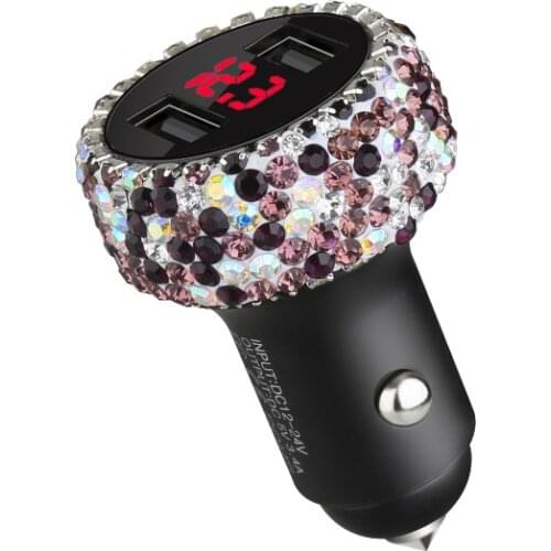 Bling Crystal Rhinestones Dual USB Car Charger Fast Charging Car-Charger With LED Display for Iphone Xiaomi Mobile Phone Ipad