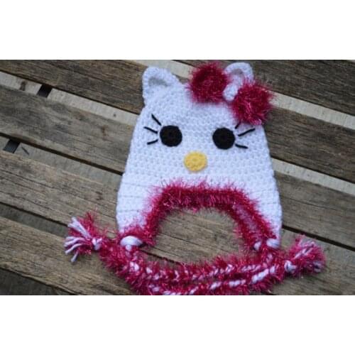 Free shipping, 100% cotton Childrens Earflap Hat ,NEW handmade crochet baby cat hat,girls cat beanie, girls hat with bow
