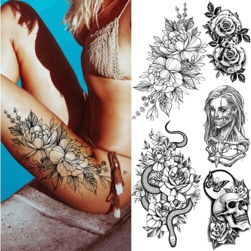 Black Peony Sexy Flower Temporary Tattoos For Women Girl Snake Skull Thigh Fake Tattoo Realistic Body Art Tatoo Skeleton