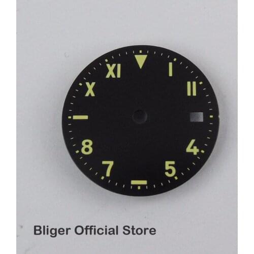 BLIGER 28.5mm Black Watch Dial Green Marks Date Window Watch Face Fit For MIYOTA 82 Movement Mens Watch