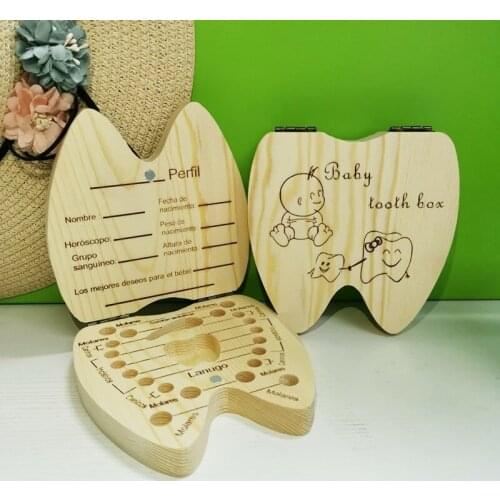 Baby Teeth Organizer Box Spanish English Portuguese Russian Milk Tooth Storage Collect Umbilical Lanugo Save Case Souvenir