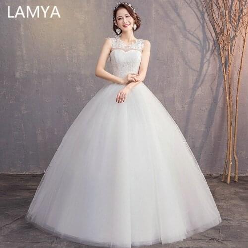 LAMYA Customized Elegant Simple Lace Wedding Dresses Long Ball Gown Vestidos De Noiva O Neck Bridal Gowns Women Wed Dress WD1911