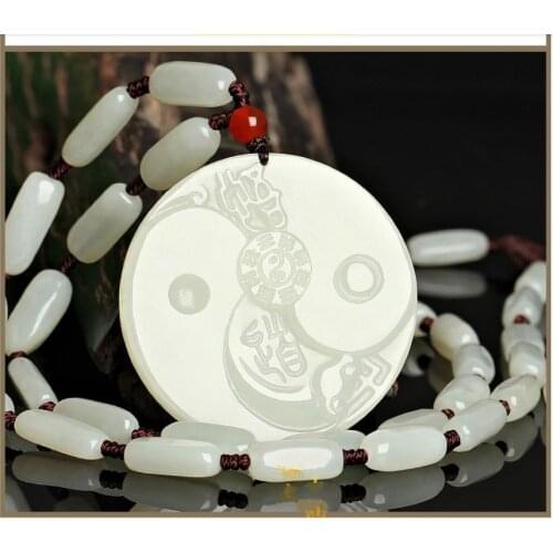 Famous White jade diagram of the universe Pendant Amulet with Mala Bead Hanging Necklace