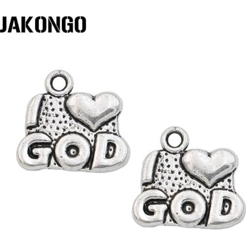 JAKONGO Antique Silver Plated I Love God Charm Pendants for Jewelry Accessories Making Bracelet Findings DIY 14x14mm