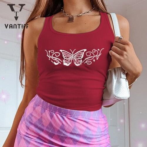 Sexy Crop Tank Tops Women Slim Printed Butterfly Embroidery Short Vest Bodycon Cute for Female Top Girl Shirt Off Shoulder Tops