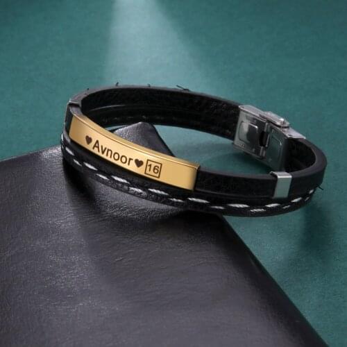 Lemegeton Customized Name Multi Layer Leather Bracelets for Men Women Personalized Stainless Steel Bangle DAD Husband Gift