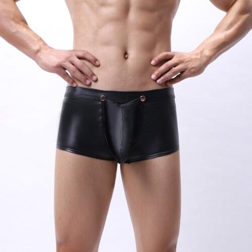 Mens Underwear Boxer Shorts PU Leather Buttons Removable Penis Pouch Trunks Sexy Clubwear Boxershorts Porno Erotic Gay Panties