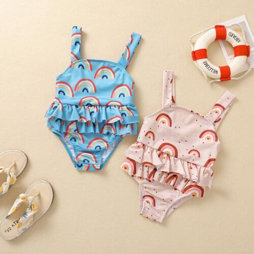 2021 NEW Baby Toddler Girls One-Piece Swimsuit Rainbow Printed Ruffle Tutu Trim Rash Guard Swimwear Bathing Suit