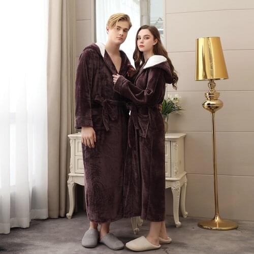 Autumn Winter Flannel Robes for Men Double Layers Hooded Robe Bath Couple Warm Thicken Plus Size Bathrobe Female Bride Nightgown