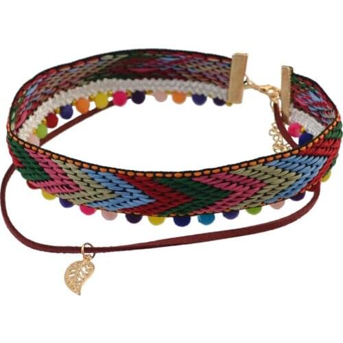 Boho Pom Pom Ball Necklace Leaf Pendant Ethnic Sweater Chain Colorful Cotton Woven Necklace Gypsy Tribal Party Jewelry Gift