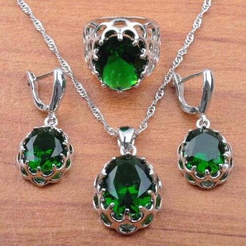 Russian Style Necklace Earrings Set For Women 925 Silver Jewelry Sets Wedding Jewellry Green Cubic Zirconia Rings Set JS0162