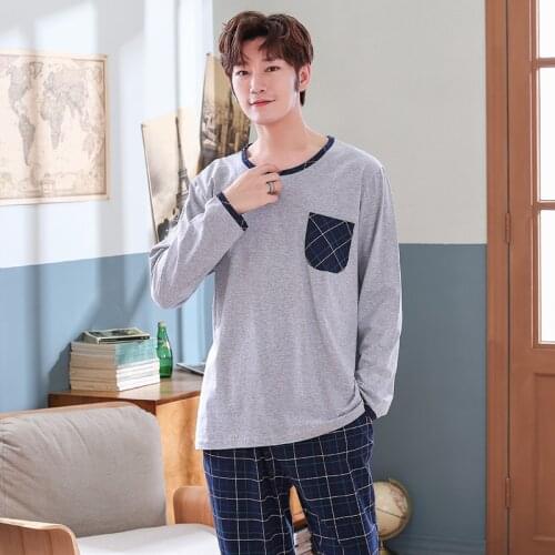 Spring Autumn Full Cotton Mens Pyjamas Plaid Pants Pajamas Set Casual Male Sleepwear Night Pijama Hombre Plus Size 4XL Homewear