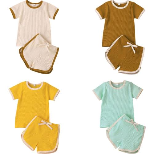 Kids Baby Girls Casual 2-piece Outfit Set Short Sleeve Color Block Tops+Shorts Set for Children Girls 2-6T